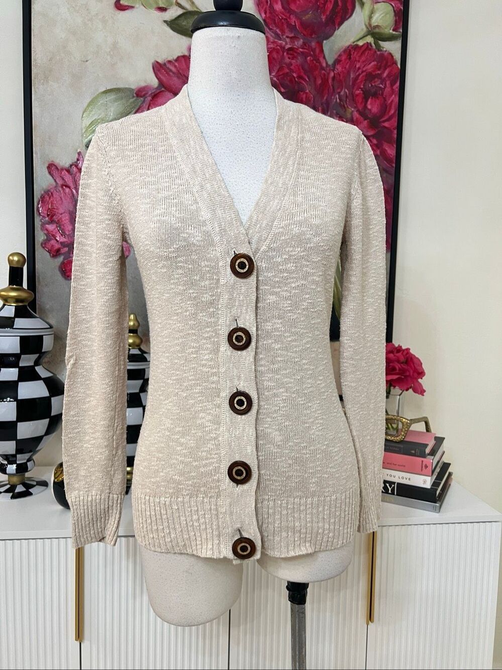 Tory Burch Women's Linen Blend Button Front V-Neck Cardigan Sweater Tan XS
